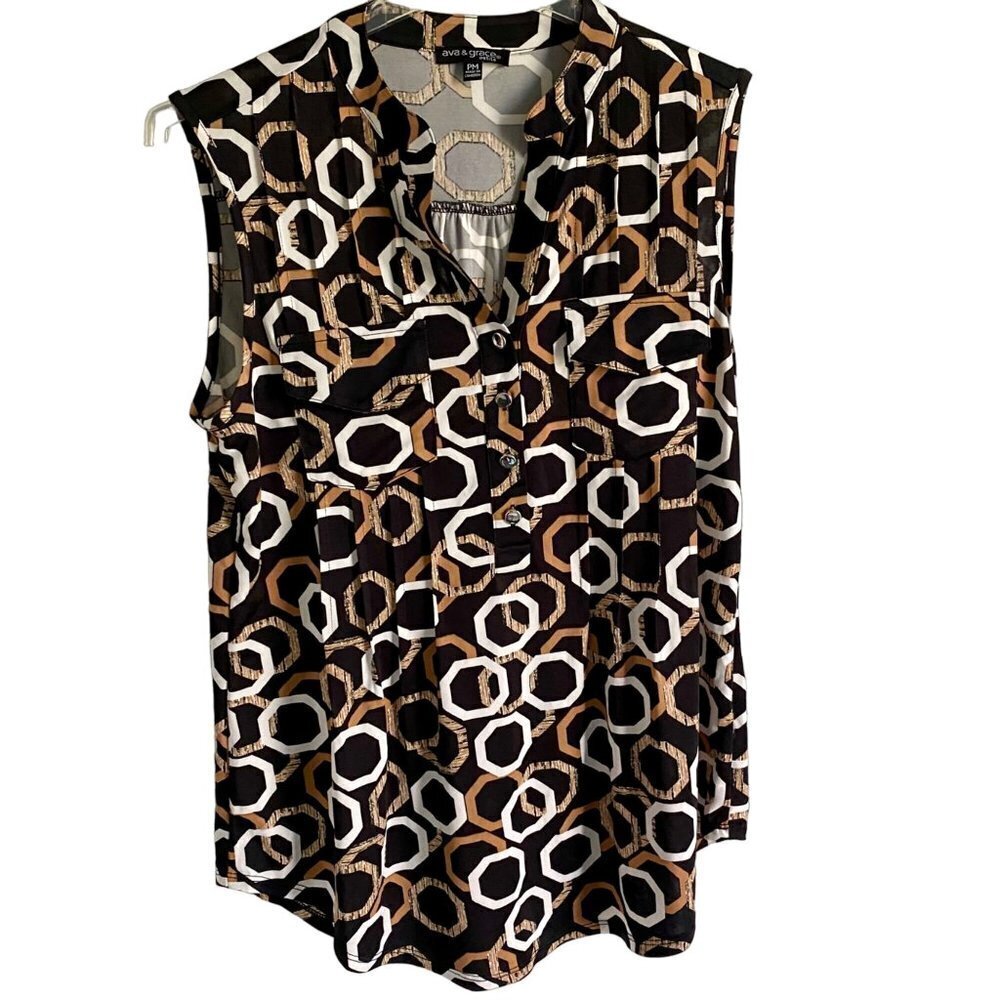 Ava & Grace Black Geo Print Quarter Button Sleeveless Top Petite Medium